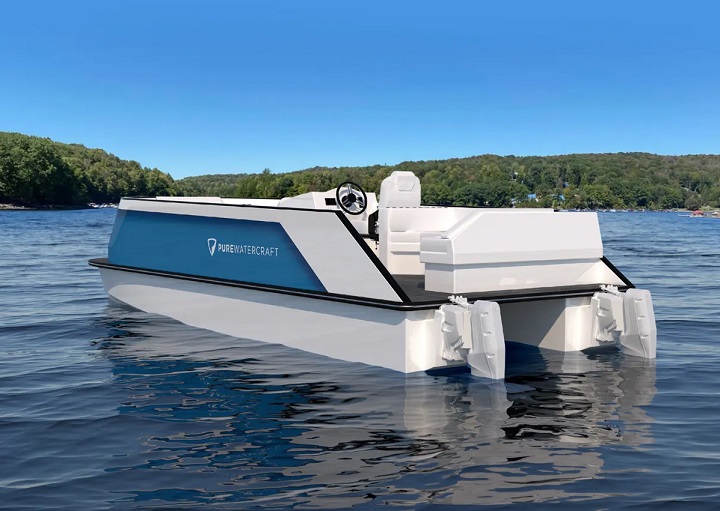 GM IS IN THE ELECTRIC PONTOON BOAT BUSINESS picture of their electric pontoon back view
