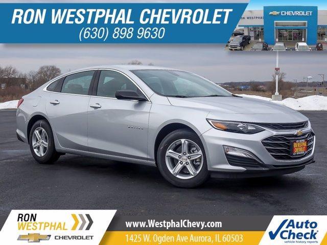 This silver New 2021 Malibu is in stock at Ron Westphal Chevrolet in Aurora, IL
